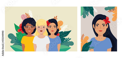 group of beautiful women with leafs tropicals vector illustration design