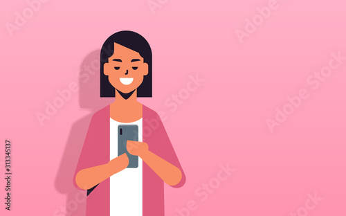 woman holding cellphone girl using smartphone mobile app social media communication concept female cartoon character portrait horizontal vector illustration