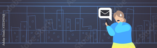 fat girl being bullied woman using smartphone online mobile chat application social media harassment trolling cyber bullying concept cityscape background portrait horizontal vector illustration