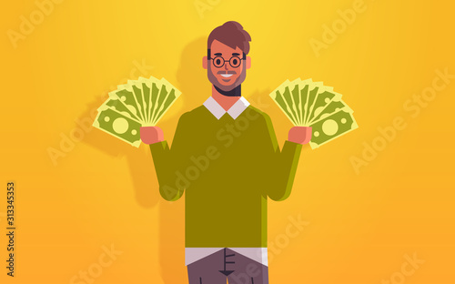 excited man holding money bills financial success wealth concept cheerful rich businessman with dollar banknotes horizontal portrait vector illustration