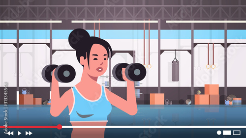 fitness blogger doing exercises with dumbbells sportswoman vlogger recording online video for blog healthy lifestyle live streaming concept modern gym interior horizontal portrait vector illustration