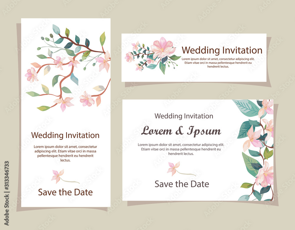 set of wedding invitation cards with flowers decoration vector illustration design