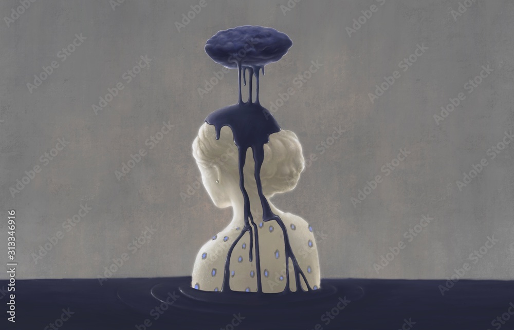 Fototapeta Surreal depressed woman with blue cloud, sad, aloneconcept painting