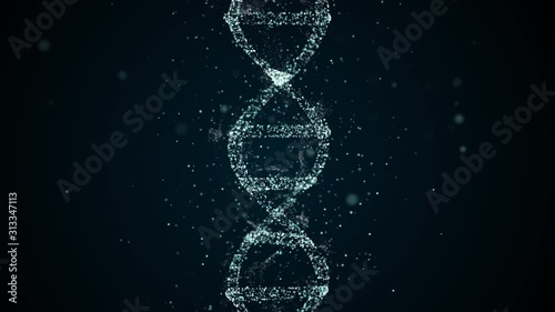 Rotation of digital DNA on abstract background with floating particles collecting genetic data.