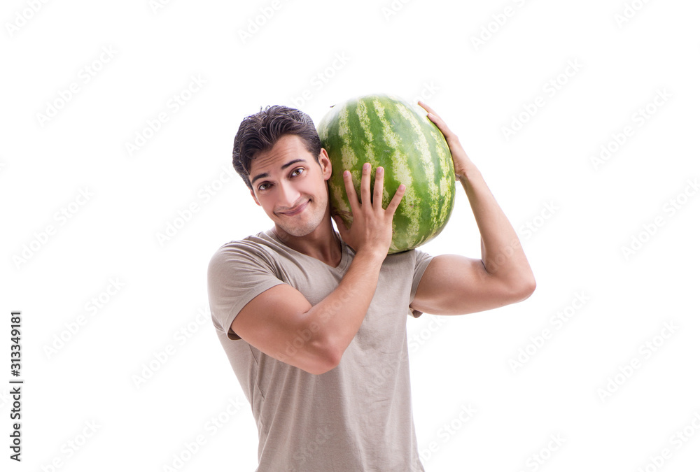 Young man with watermelon isolated on white Young man with watermelon isolated on white