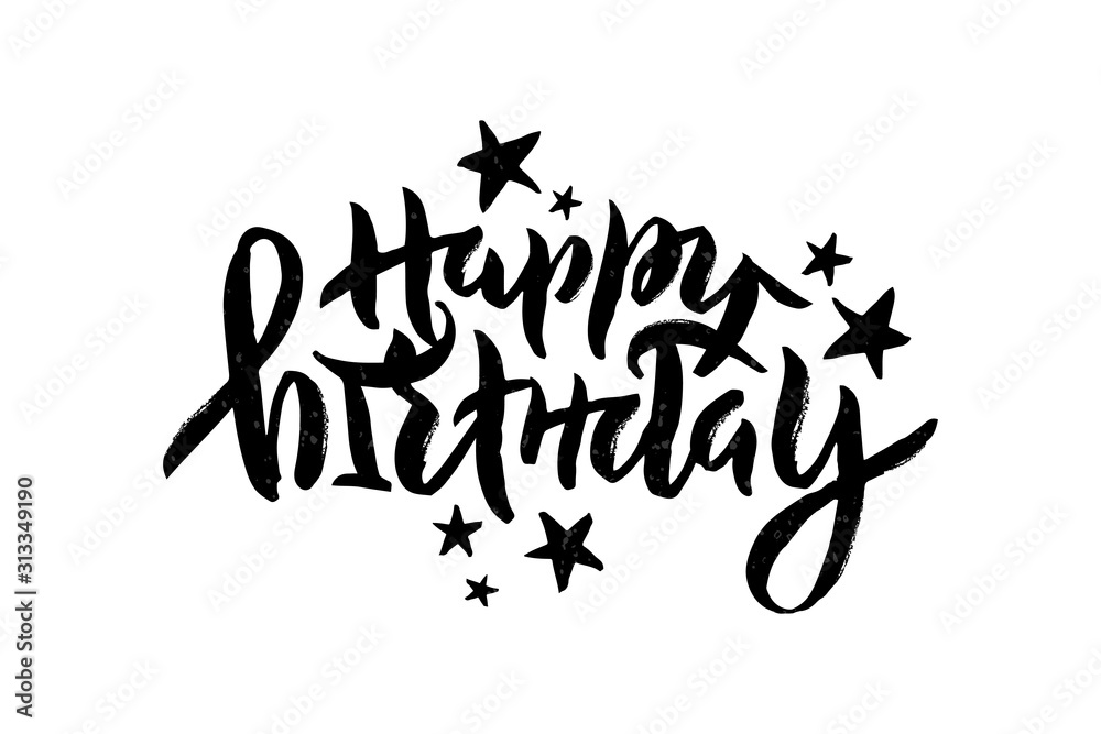 Vector stock illustration of Happy Birthday inscription with stars for greeting card, invitation. Brush pen lettering calligraphy for birthday party, anniversary. Isolated on white EPS 10