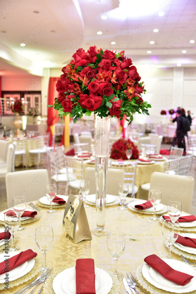Table setting with glasses, plates, napkins and food Table setting with glasses, plates, napkins and food