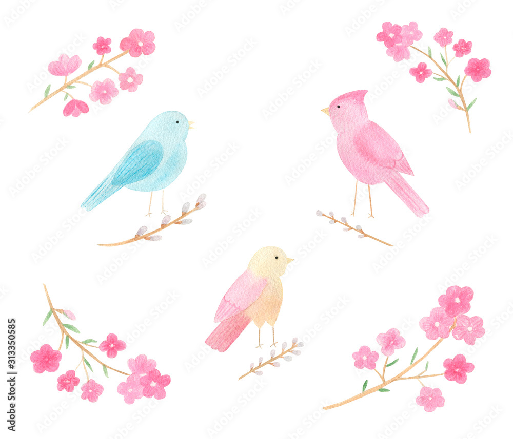 Cute little birds isolated on white background with pink flowers frame. Watercolor hand drawn hello spring greeting card. Happy Easter illustration. Perfect for cards, children textile, invitations.