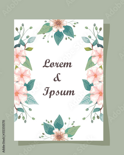 invitation card with flowers and leafs decoration vector illustration design