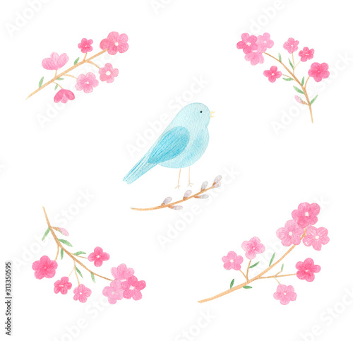 Watercolor hand drawn hello spring greeting card. Happy Easter illustration. Cute little bird isolated on white background with pink flowers frame. Perfect for cards, children textile, invitations. © Tanya Trink