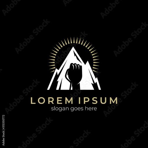 Mountain sunrise logo design with hand punch silhouette shape