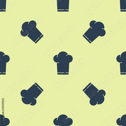 Blue Chef hat icon isolated seamless pattern on yellow background. Cooking symbol. Cooks hat. Vector Illustration