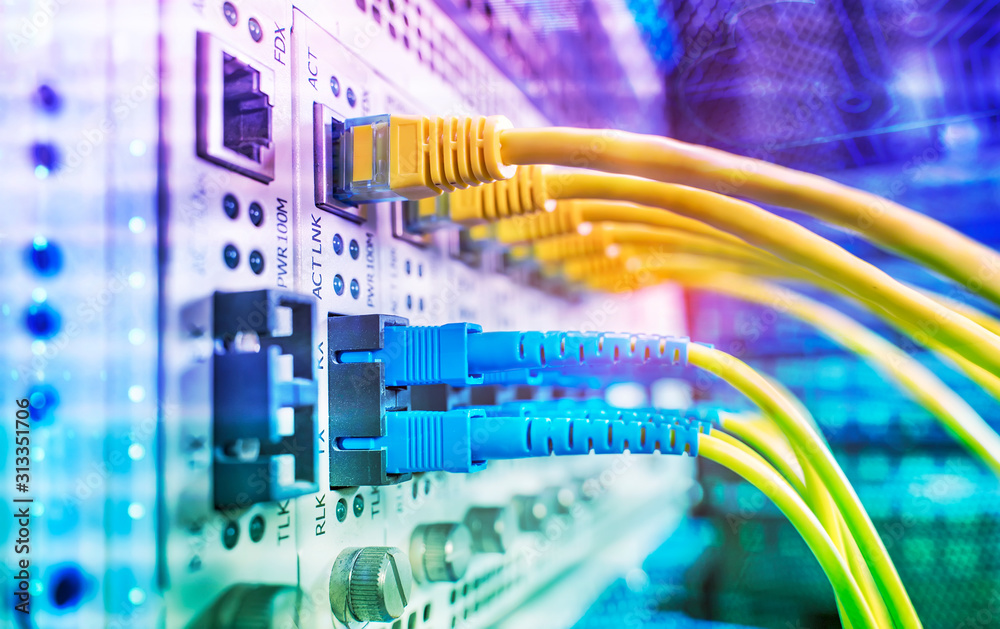 Fiber Optic cables connected to an optic ports and Network cables connected to ethernet ports Fiber Optic cables connected to an optic ports and Network cables connected to ethernet ports