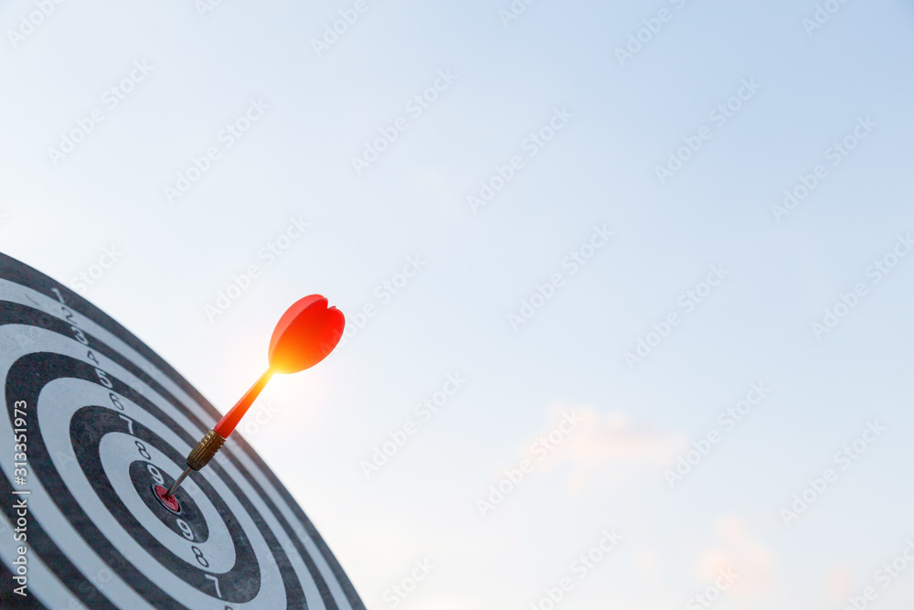 Red dart target arrow hitting on bullseye with,Target marketing and business success concept