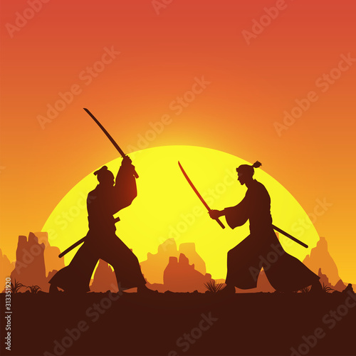Silhouette of two Japanese Samurai sword fighting, Vector Illustration