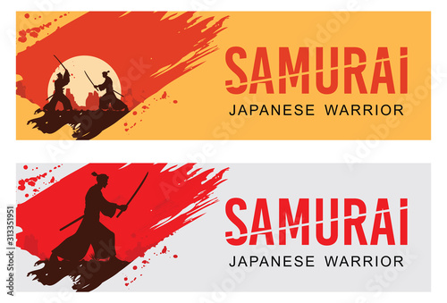 Silhouette of two Japanese Samurai sword fighting, Vector Illustration