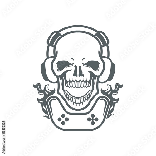 gamer skull head logo with headphones esports, with joystick fire