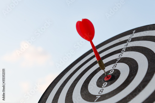 Red dart target arrow hitting on bullseye with,Target marketing and business success concept photo