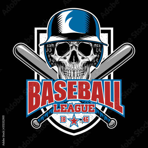 stock vector baseball emblem with skull and bat. sports logo illustration