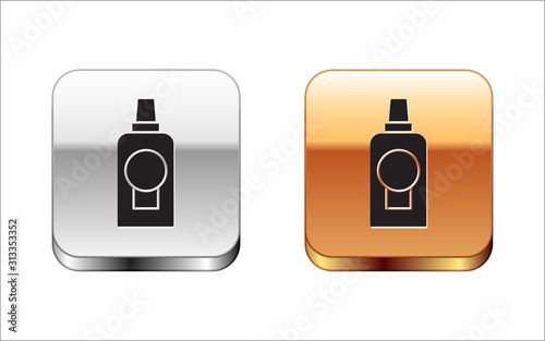 Black Mouthwash plastic bottle icon isolated on white background. Liquid for rinsing mouth. Oralcare equipment. Silver-gold square button. Vector Illustration