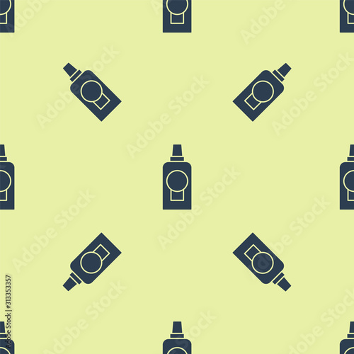 Blue Mouthwash plastic bottle icon isolated seamless pattern on yellow background. Liquid for rinsing mouth. Oralcare equipment. Vector Illustration