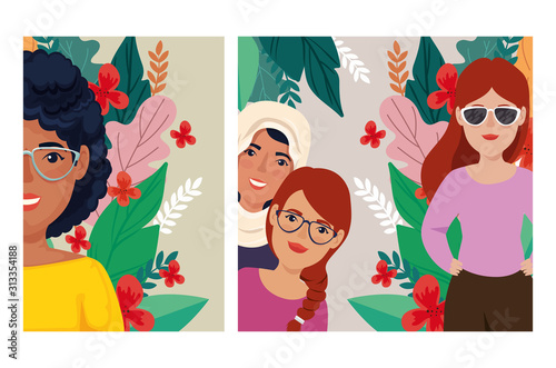 group of beautiful women with leafs tropicals vector illustration design