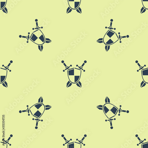 Blue Medieval shield with crossed swords icon isolated seamless pattern on yellow background. Vector Illustration