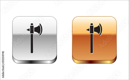 Black Medieval axe icon isolated on white background. Battle axe, executioner axe. Silver-gold square button. Vector Illustration