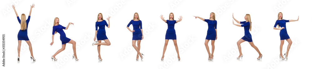 Beautiful lady in dark blue dress isolated on white Beautiful lady in dark blue dress isolated on white