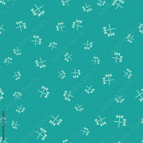Green Crossed medieval axes icon isolated seamless pattern on green background. Battle axe, executioner axe. Vector Illustration