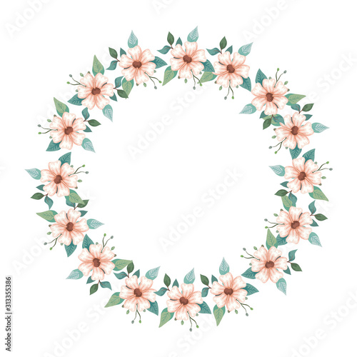 frame circular of flowers and leafs isolated icon vector illustration design