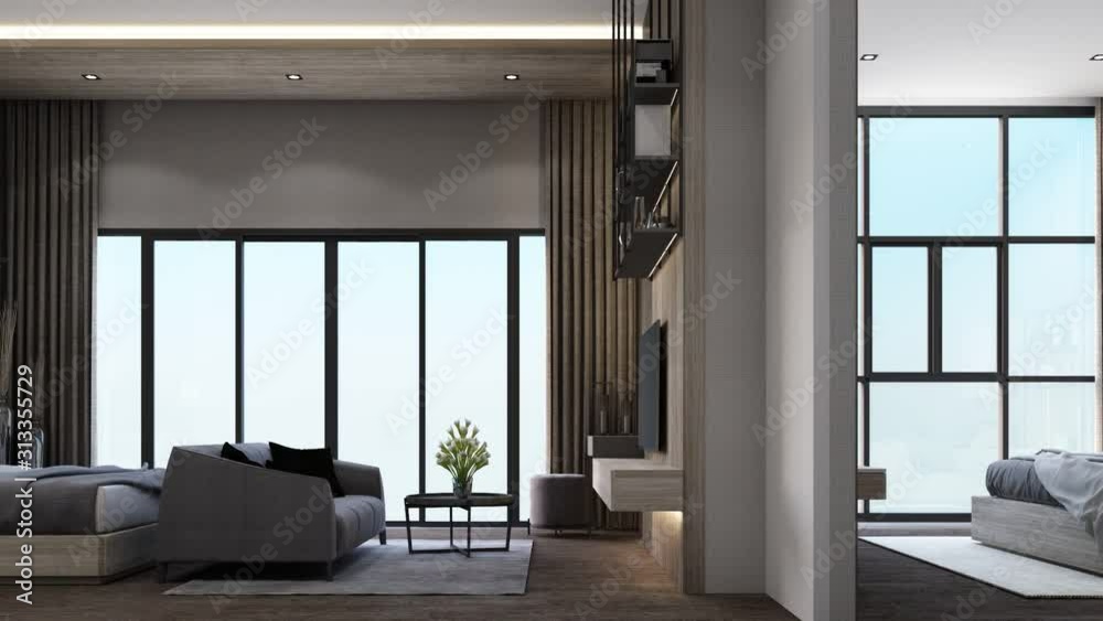 Interior design in modern contemporary for modern city lifestyle, Wooden and grey were chosen for furnitures and overall decoration Brighter, more luxurious feeling by full height windows 3d rendering
