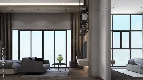 Interior design in modern contemporary for modern city lifestyle, Wooden and grey were chosen for furnitures and overall decoration Brighter, more luxurious feeling by full height windows 3d rendering