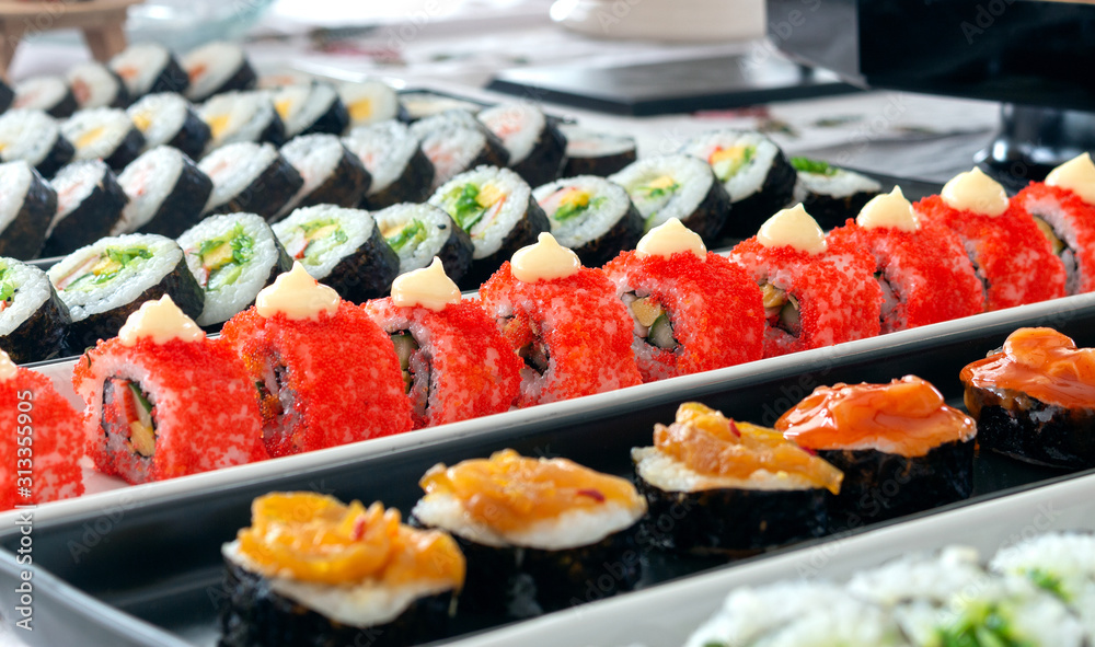 closeup japanese sushi food with soft-focus and over light in the background closeup japanese sushi food with soft-focus and over light in the background