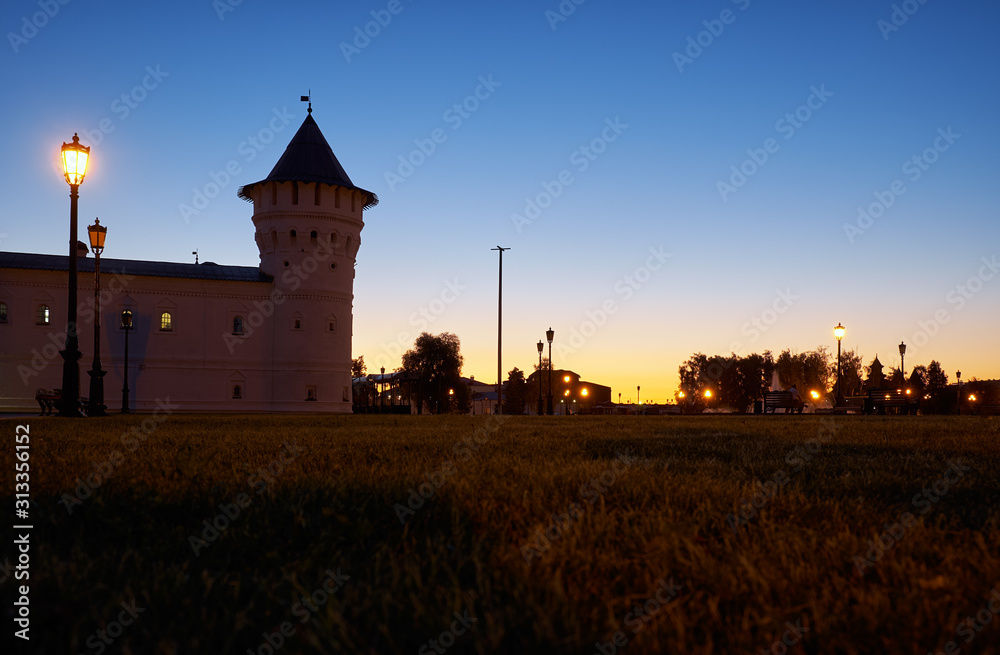 The evening view of the corner tower of the Seating courtyard. Tobolsk. Russia