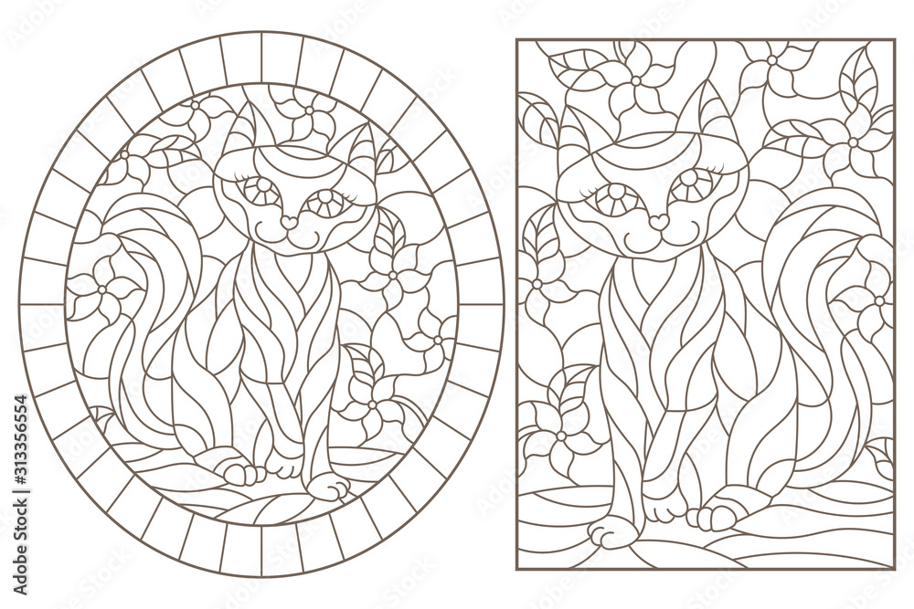 Obraz premium A set of contour illustrations of stained glass Windows with cats on a background of colors, dark contours on a white background