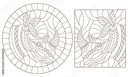 Set of contour illustrations of stained glass Windows with hino heads isolated on white background photo