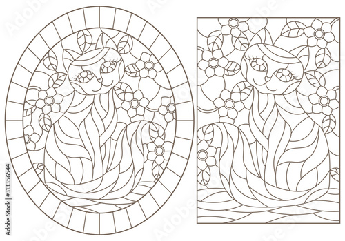 A set of contour illustrations of stained glass Windows with cats on a background of colors, dark contours on a white background © Zagory