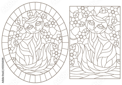 A set of contour illustrations of stained glass Windows with cats on a background of colors, dark contours on a white background