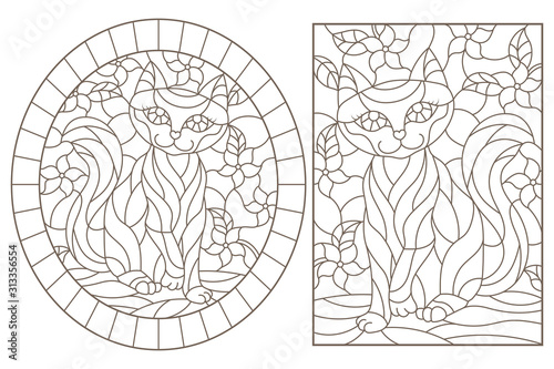 A set of contour illustrations of stained glass Windows with cats on a background of colors, dark contours on a white background