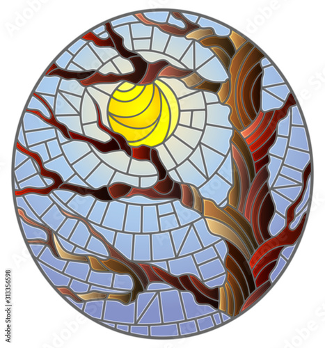 Illustration in stained glass style with autumn bare tree on sky background and sun, oval image 