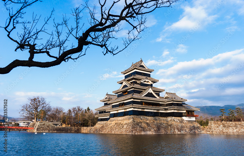 Matsumoto Castle red bridge with blue sky.