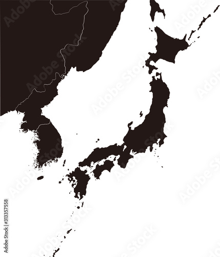 (SVG) Japan, North korea, South korea and surrounding countries map (color black ) / Separated by country