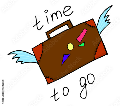 Hand drawn vector illustration - It's time to go. Fashionable suitcase with wings. A trip to the world.