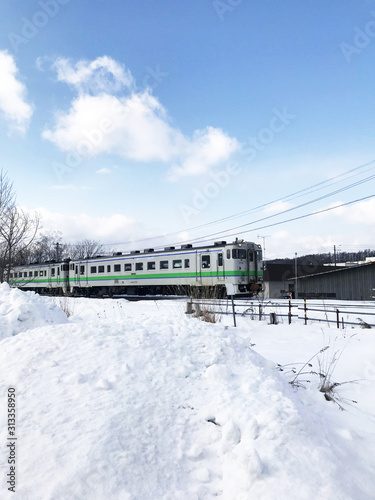 Train traveling in the snow field