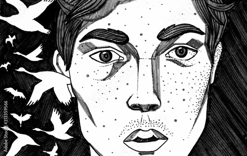 Portrait of a young man. Male face. Thoughts are birds.