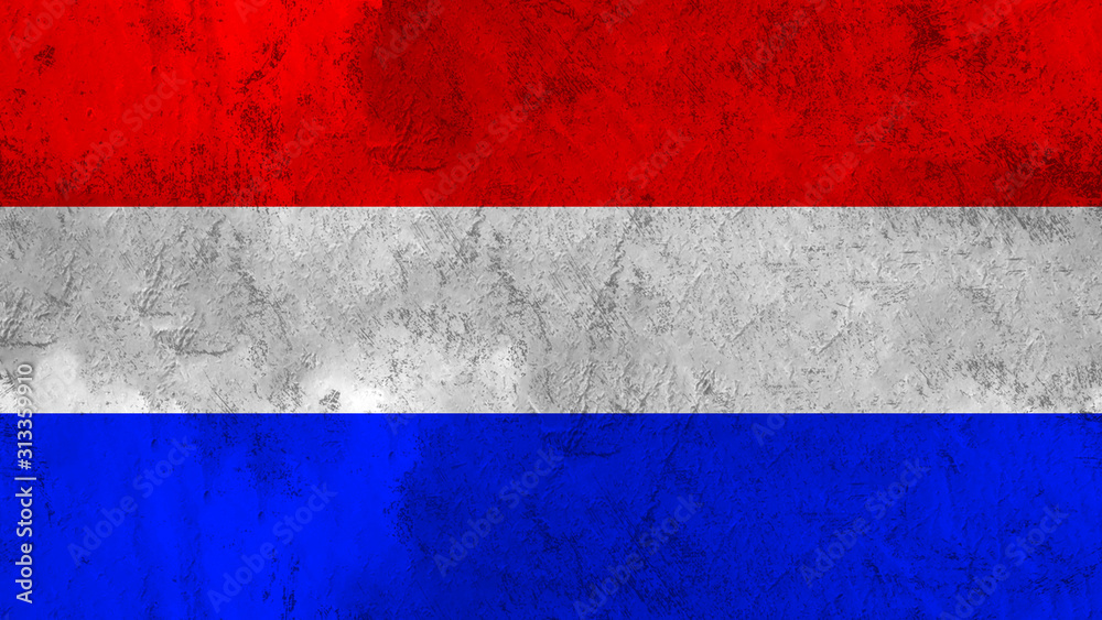 Vintage scratched grunge flag of Nederland. Old textured national flag.