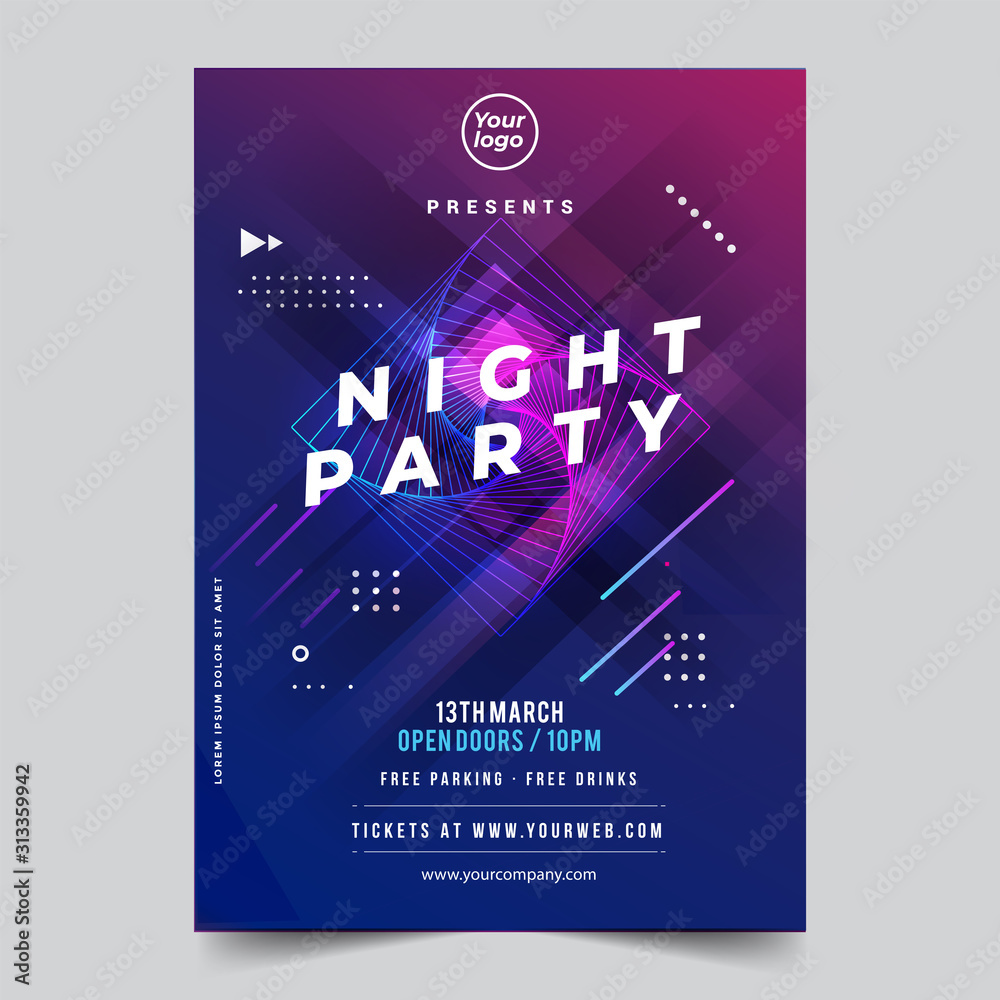 Plakat Dance Club Night Party Flyer Brochure Layout Template. Club Party Banner design. Vector illustration - Vector
