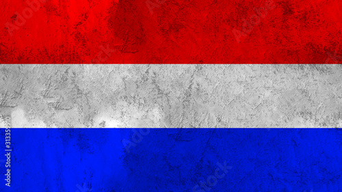 Vintage scratched grunge flag of Nederland. Old textured national flag.
