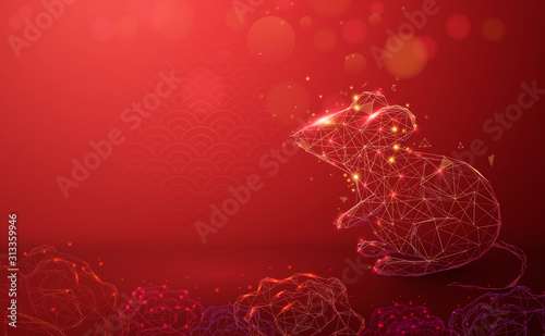 Chinese new year, Year of the rat. Cute Rat character with flower and asian elements